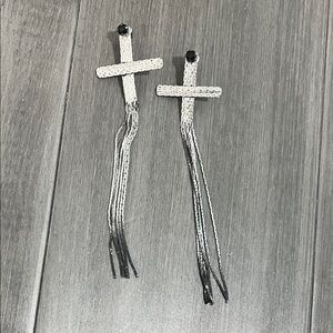 Cross Tassel Earrings in Silver with Black Stone